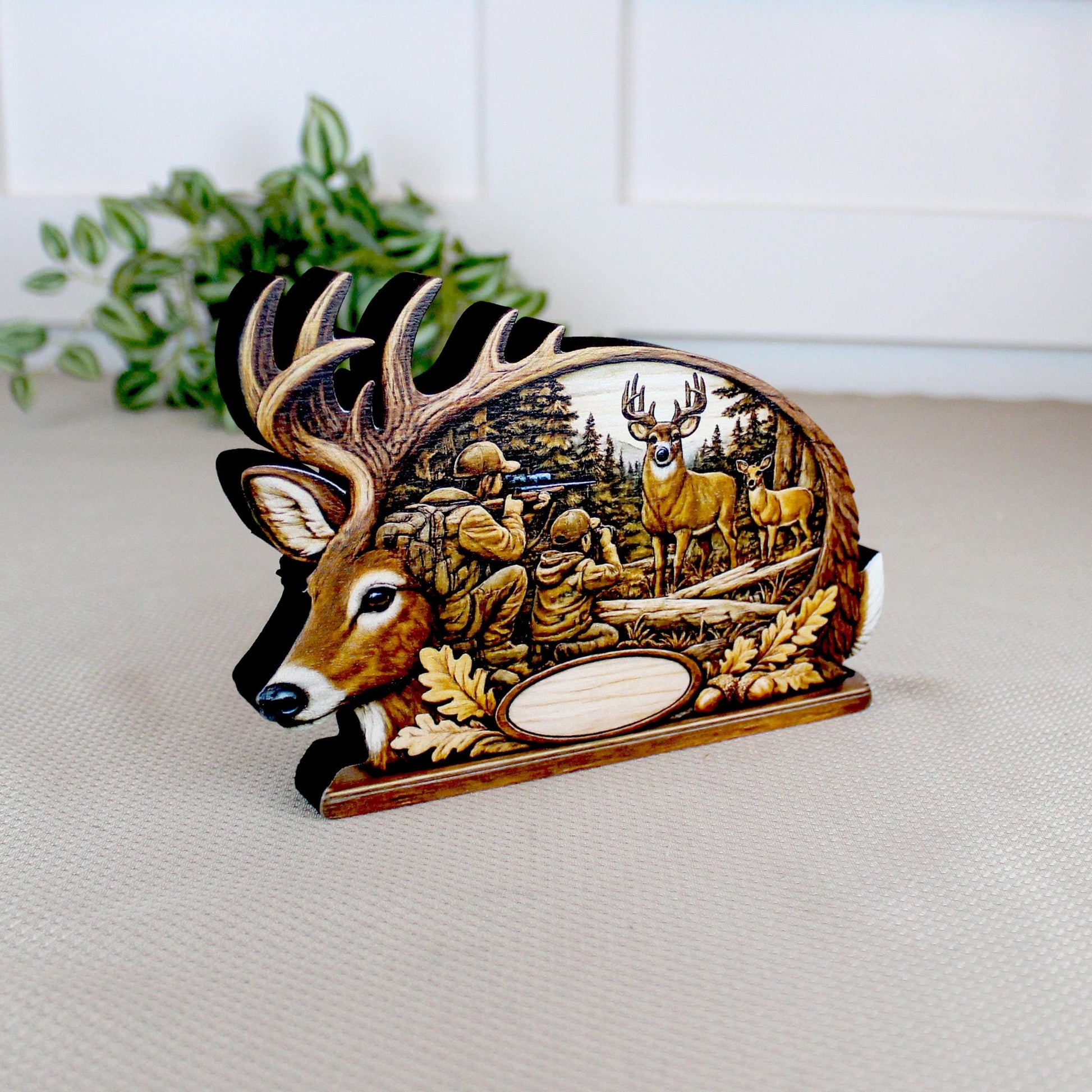 Personalized Father Son Deer Hunting Shelf Sitter, Rustic Buck Scene Tabletop Decor, Hunter Keepsake Gift for Dad, Mantle Decor