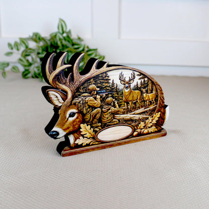 Personalized Father Son Deer Hunting Shelf Sitter, Rustic Buck Scene Tabletop Decor, Hunter Keepsake Gift for Dad, Mantle Decor