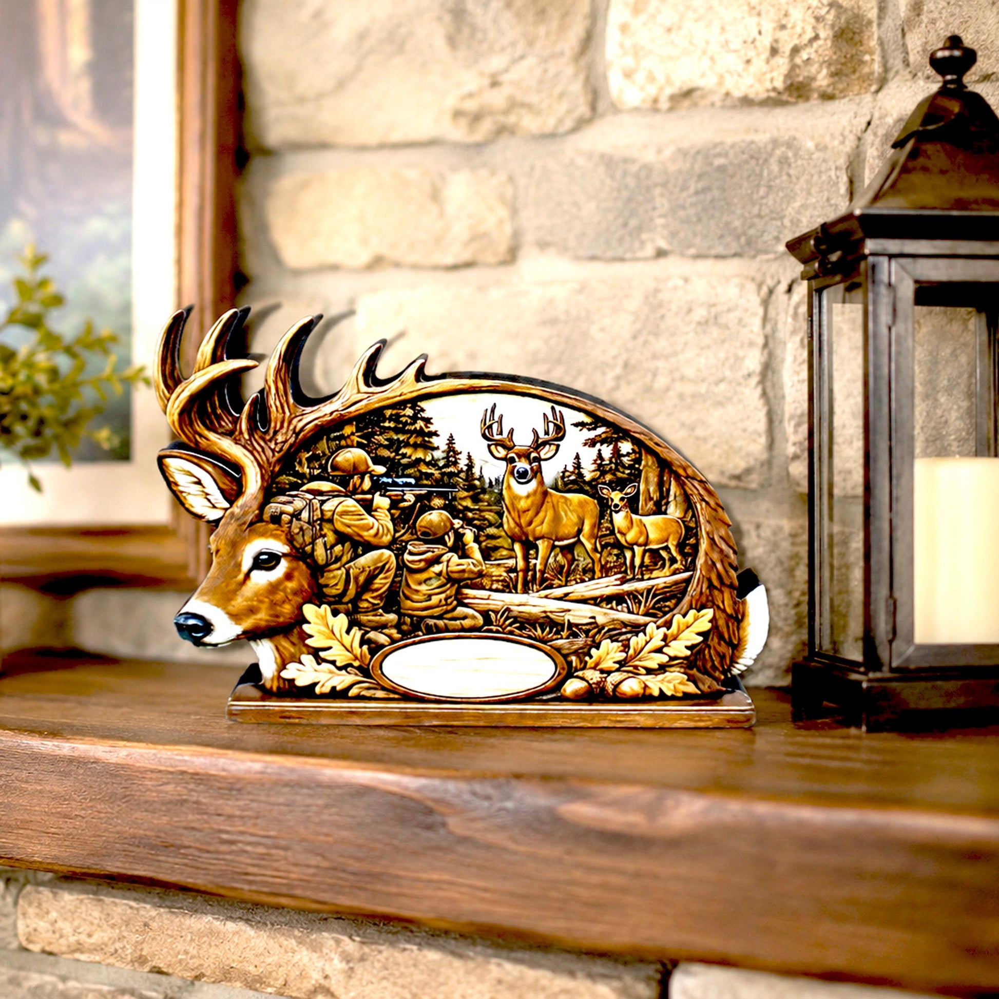 Personalized Father Son Deer Hunting Shelf Sitter, Rustic Buck Scene Tabletop Decor, Hunter Keepsake Gift for Dad, Mantle Decor
