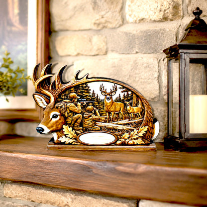 Personalized Father Son Deer Hunting Shelf Sitter, Rustic Buck Scene Tabletop Decor, Hunter Keepsake Gift for Dad, Mantle Decor