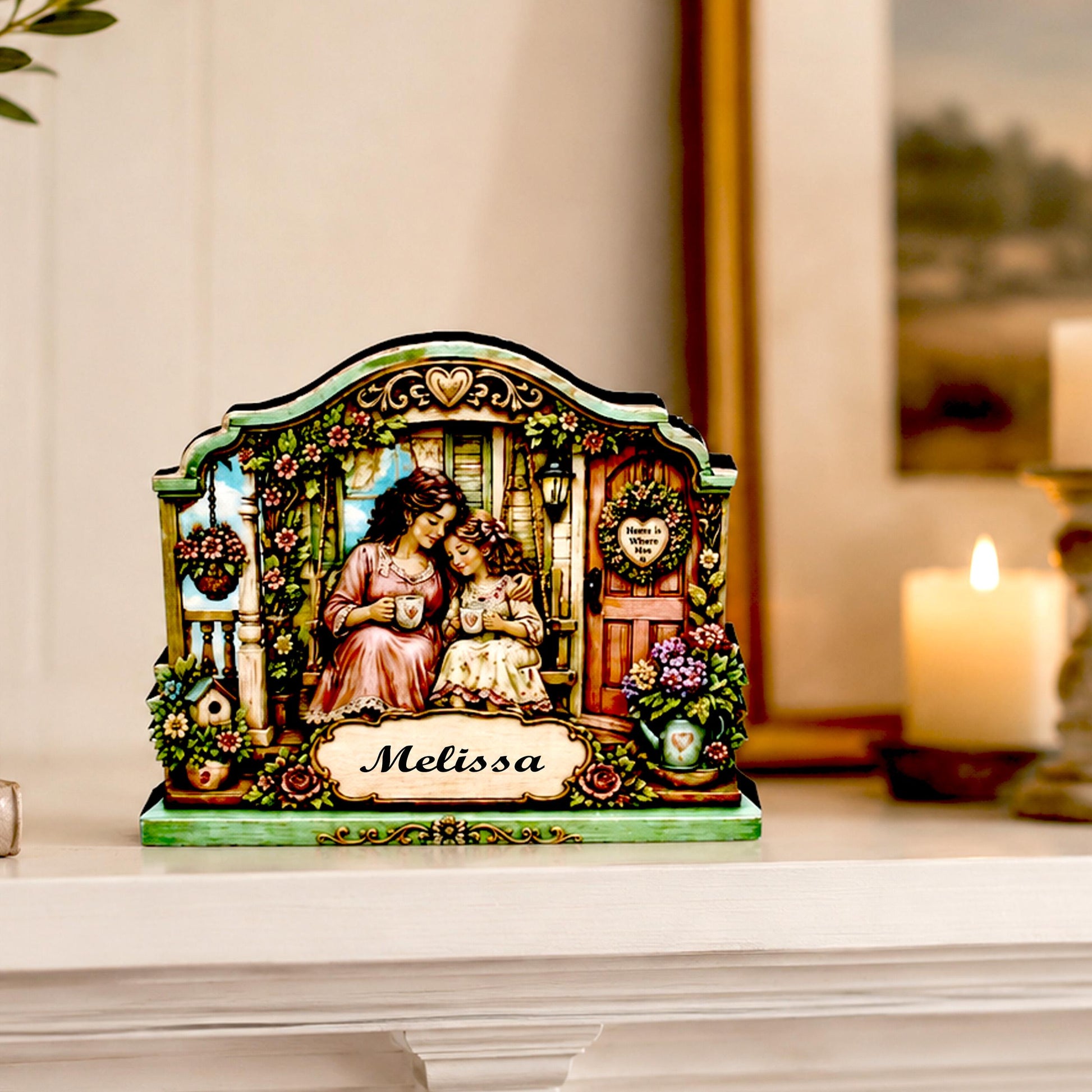 Personalized Mother Daughter Porch Shelf Sitter, Cozy Cottage Garden Scene, Mantle or Tabletop Keepsake Gift for Mom or Daughter