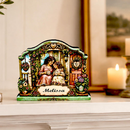 Personalized Mother Daughter Porch Shelf Sitter, Cozy Cottage Garden Scene, Mantle or Tabletop Keepsake Gift for Mom or Daughter