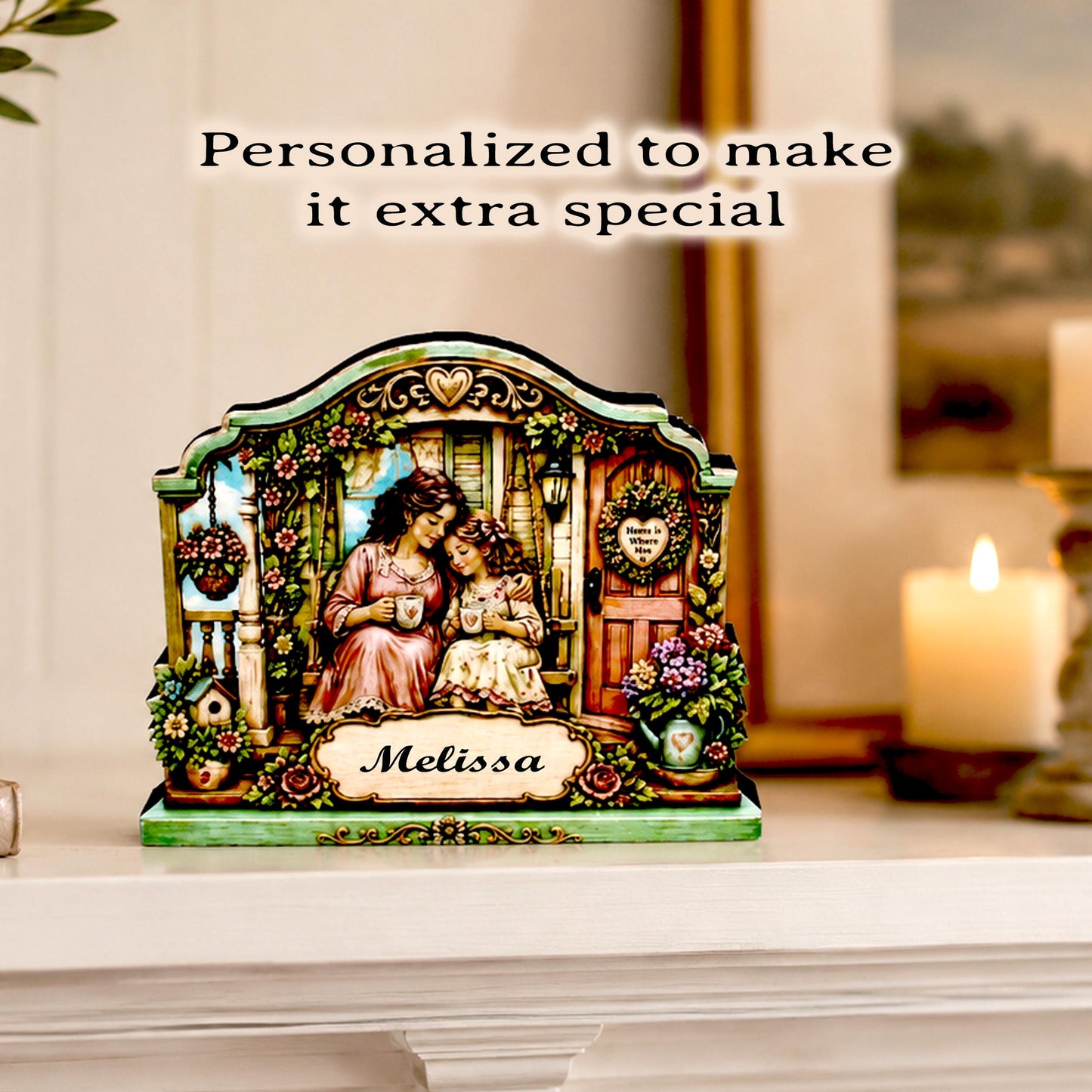 Personalized Mother Daughter Porch Shelf Sitter, Cozy Cottage Garden Scene, Mantle or Tabletop Keepsake Gift for Mom or Daughter