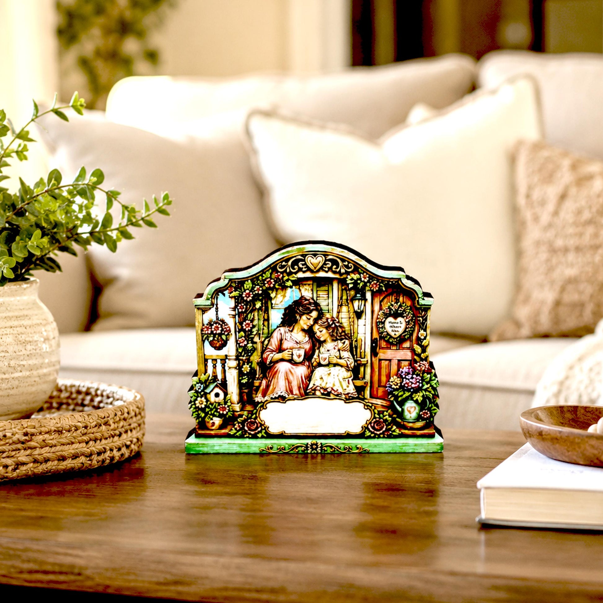 Personalized Mother Daughter Porch Shelf Sitter, Cozy Cottage Garden Scene, Mantle or Tabletop Keepsake Gift for Mom or Daughter