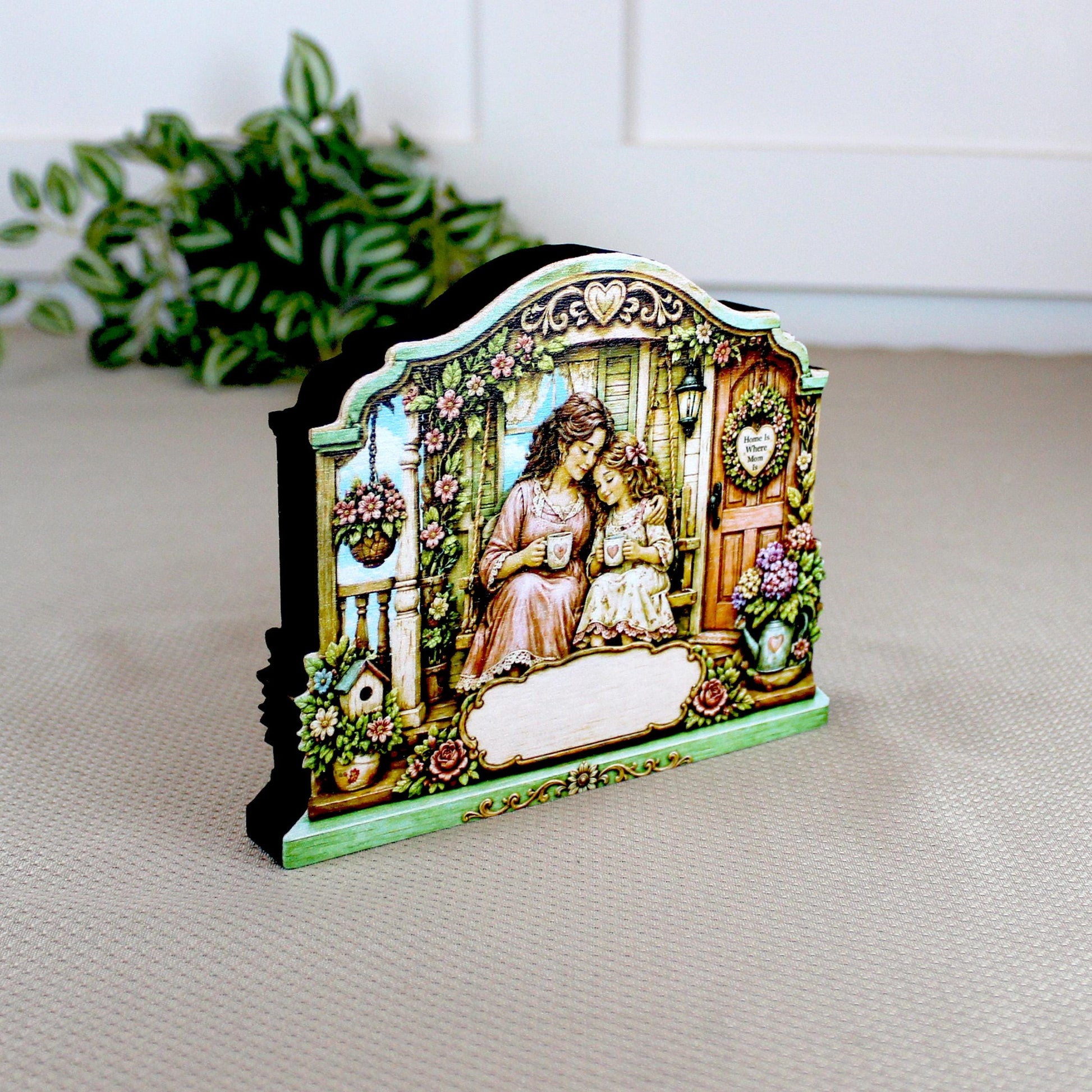 Personalized Mother Daughter Porch Shelf Sitter, Cozy Cottage Garden Scene, Mantle or Tabletop Keepsake Gift for Mom or Daughter
