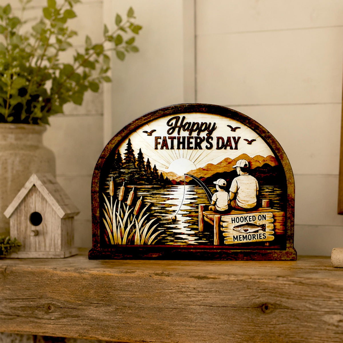 Personalized Father Son Fishing Shelf Sitter, Father’s Day Decor, Rustic Lake Scene Keepsake Gift for Dad, Tabletop Decor, Birthday Present
