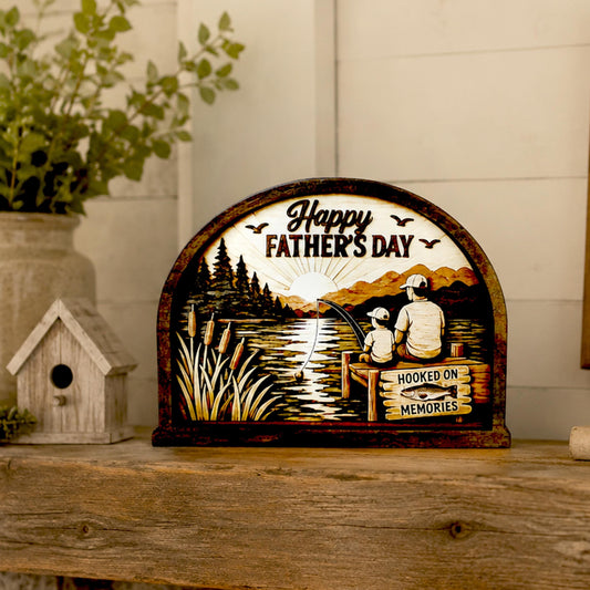 Personalized Father Son Fishing Shelf Sitter, Father’s Day Decor, Rustic Lake Scene Keepsake Gift for Dad, Tabletop Decor, Birthday Present