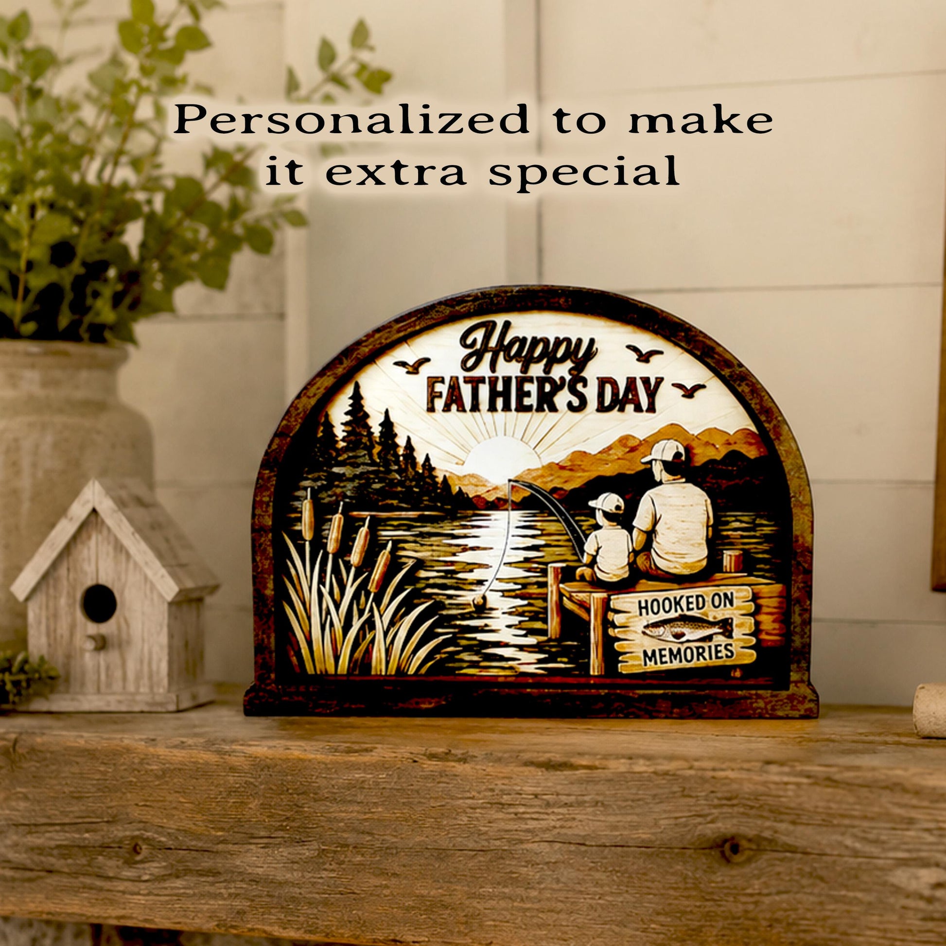 Personalized Father Son Fishing Shelf Sitter, Father’s Day Decor, Rustic Lake Scene Keepsake Gift for Dad, Tabletop Decor, Birthday Present