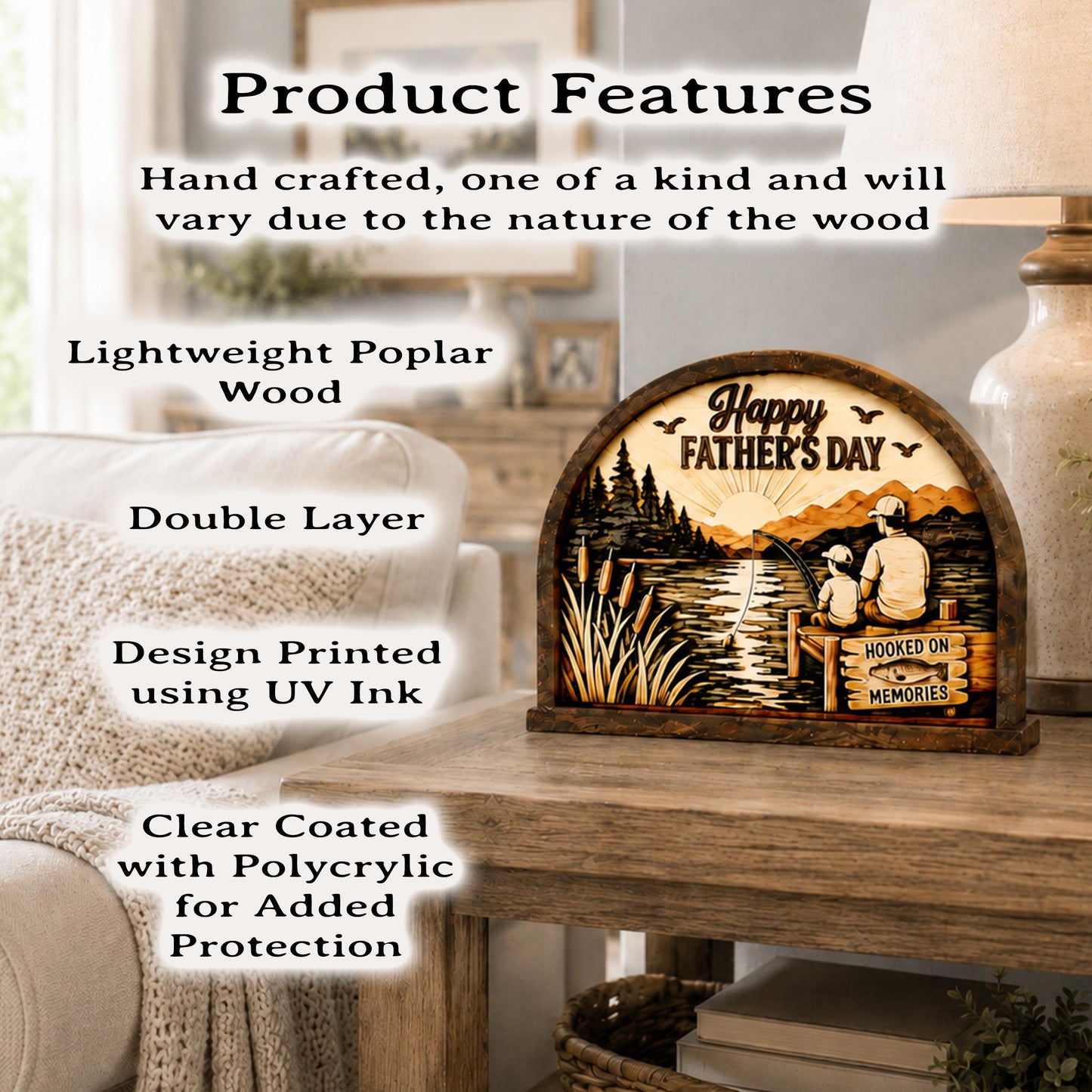 Personalized Father Son Fishing Shelf Sitter, Father’s Day Decor, Rustic Lake Scene Keepsake Gift for Dad, Tabletop Decor, Birthday Present