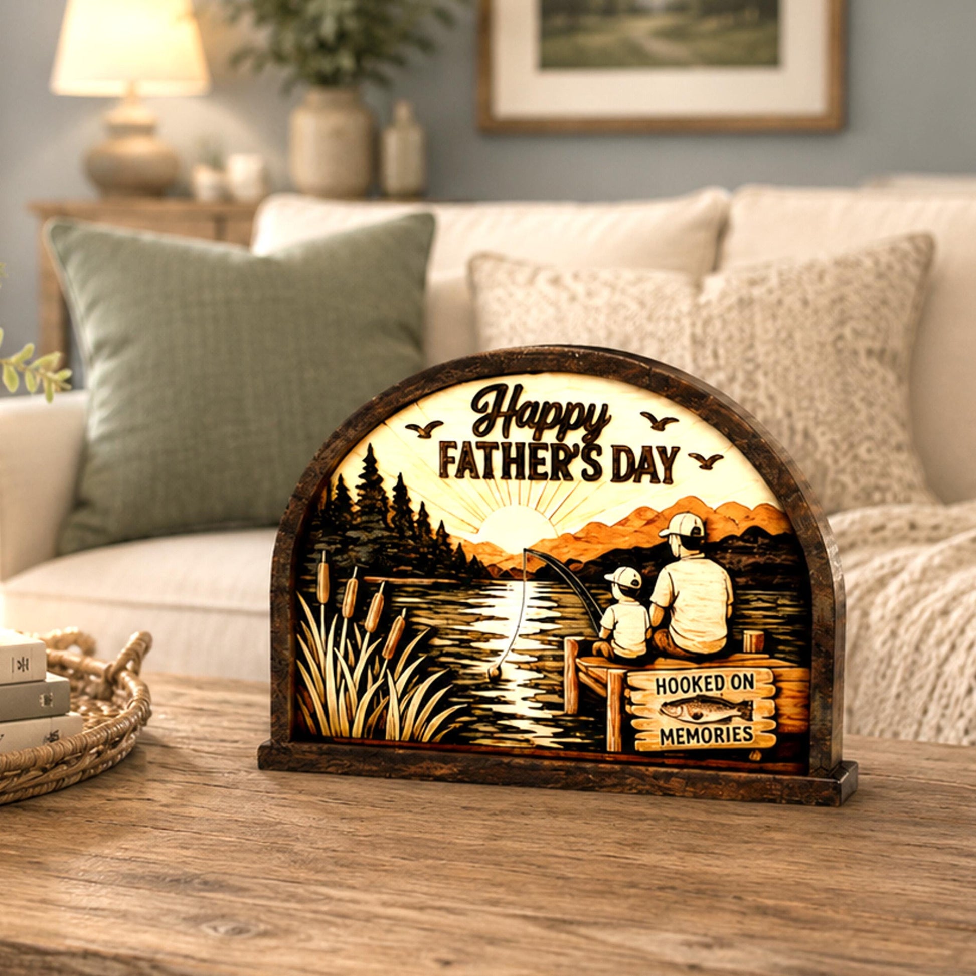 Personalized Father Son Fishing Shelf Sitter, Father’s Day Decor, Rustic Lake Scene Keepsake Gift for Dad, Tabletop Decor, Birthday Present