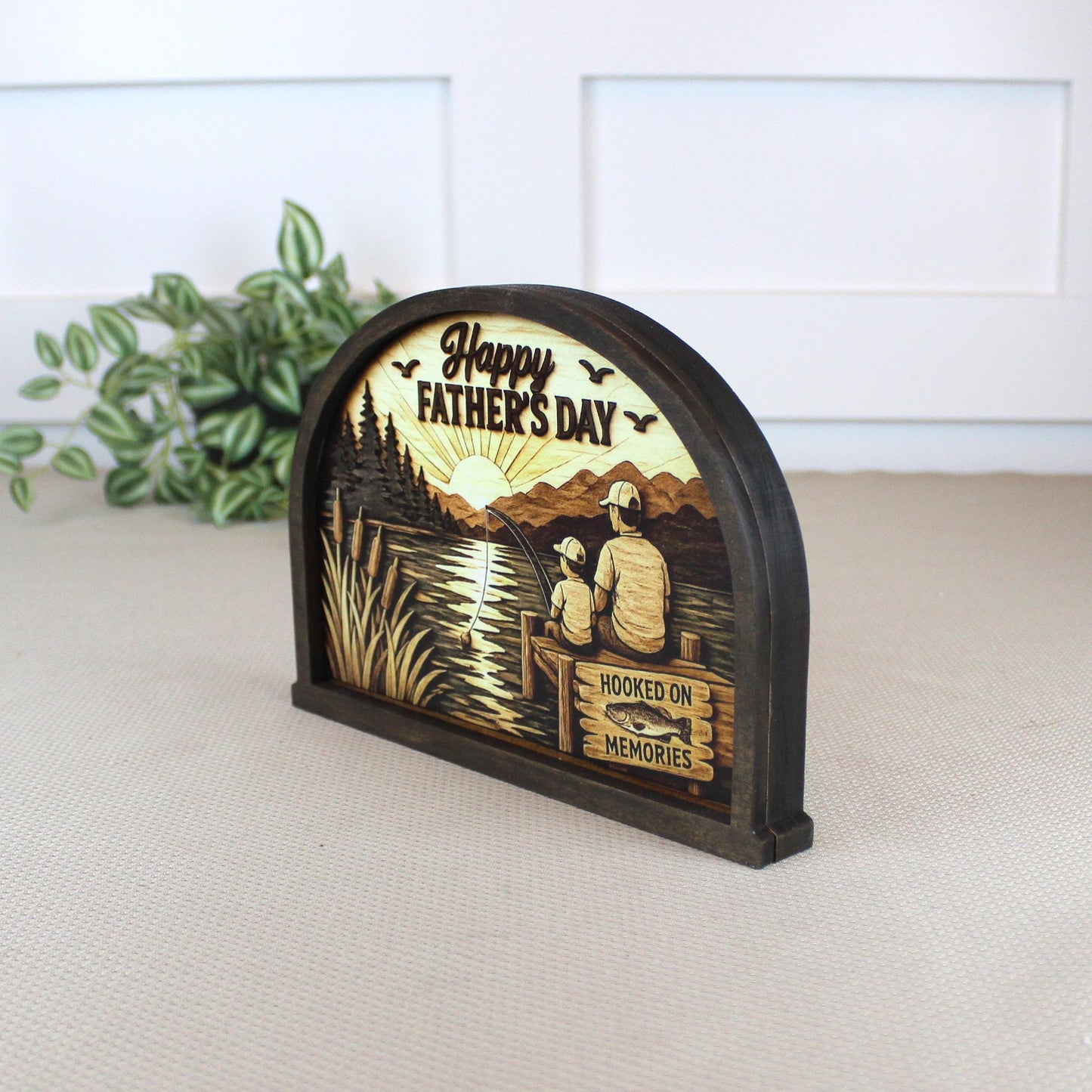 Personalized Father Son Fishing Shelf Sitter, Father’s Day Decor, Rustic Lake Scene Keepsake Gift for Dad, Tabletop Decor, Birthday Present