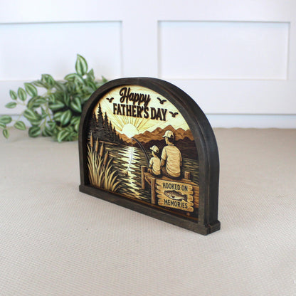 Personalized Father Son Fishing Shelf Sitter, Father’s Day Decor, Rustic Lake Scene Keepsake Gift for Dad, Tabletop Decor, Birthday Present