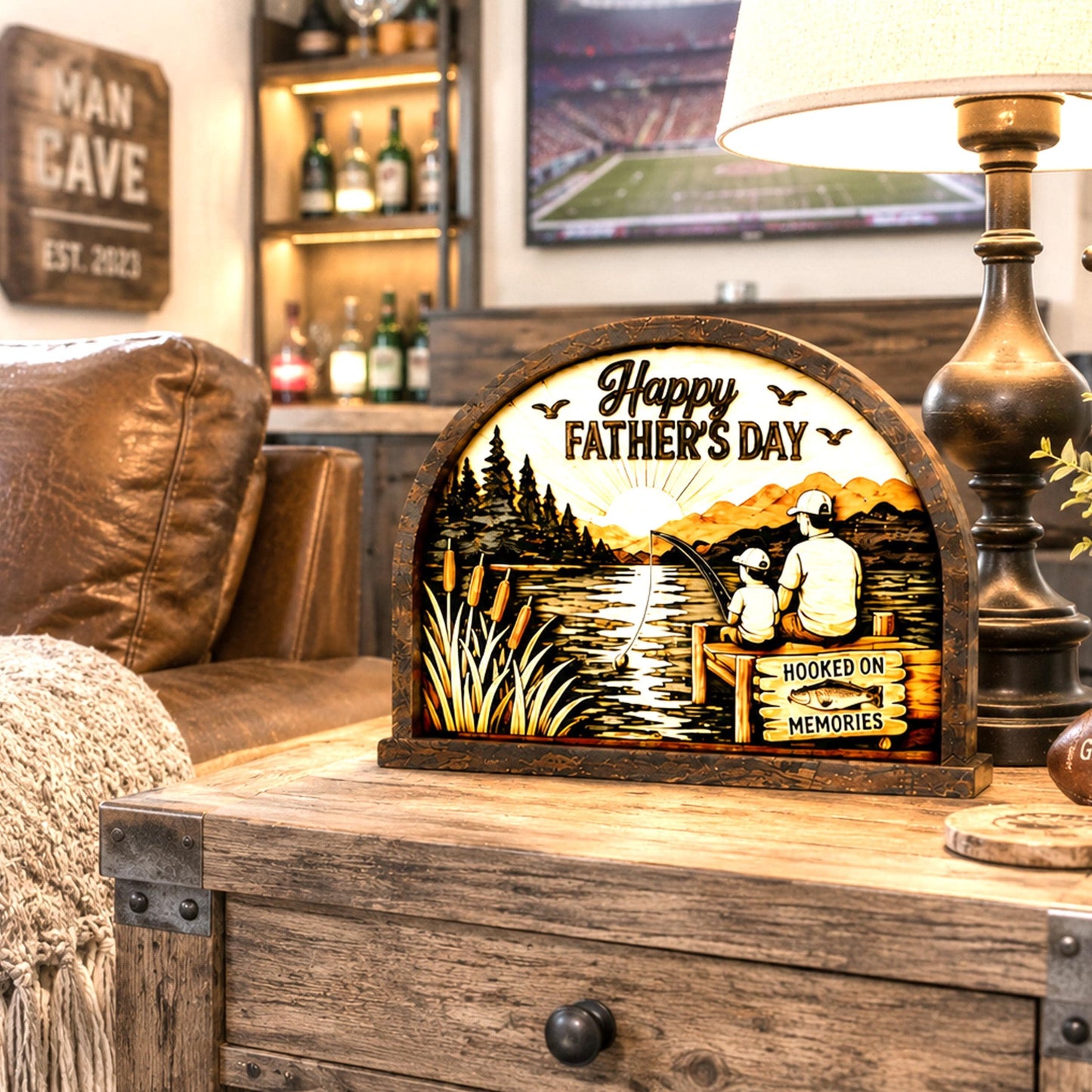 Personalized Father Son Fishing Shelf Sitter, Father’s Day Decor, Rustic Lake Scene Keepsake Gift for Dad, Tabletop Decor, Birthday Present