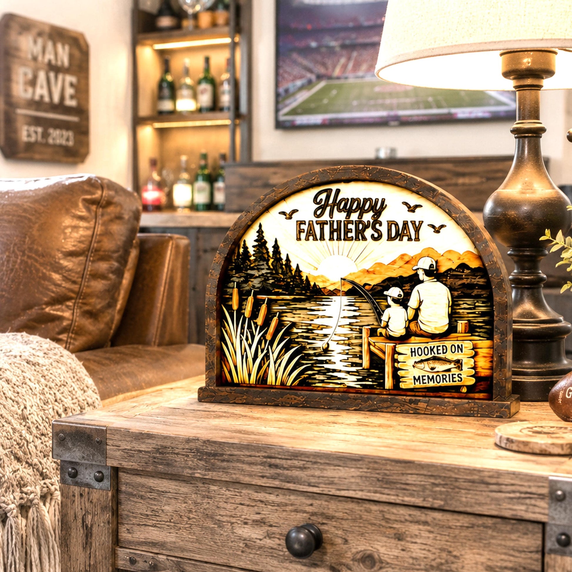 Personalized Father Son Fishing Shelf Sitter, Father’s Day Decor, Rustic Lake Scene Keepsake Gift for Dad, Tabletop Decor, Birthday Present