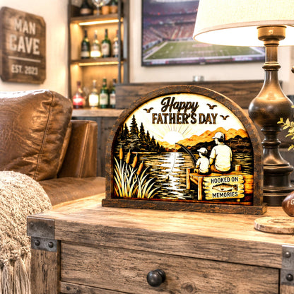 Personalized Father Son Fishing Shelf Sitter, Father’s Day Decor, Rustic Lake Scene Keepsake Gift for Dad, Tabletop Decor, Birthday Present