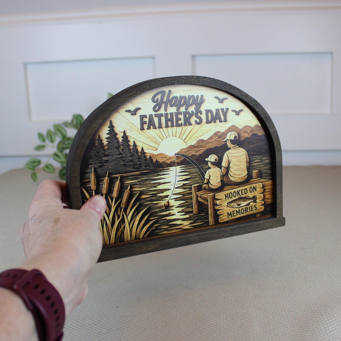 Personalized Father Son Fishing Shelf Sitter, Father’s Day Decor, Rustic Lake Scene Keepsake Gift for Dad, Tabletop Decor, Birthday Present