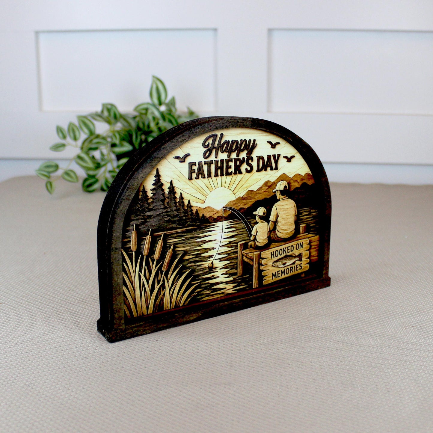 Personalized Father Son Fishing Shelf Sitter, Father’s Day Decor, Rustic Lake Scene Keepsake Gift for Dad, Tabletop Decor, Birthday Present