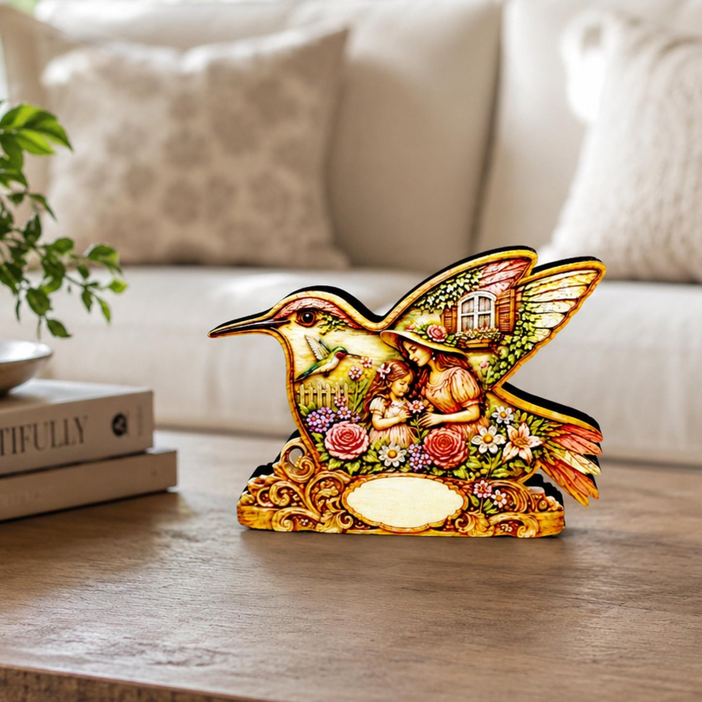 Whimsical Hummingbird Shelf Sitter, Spring Cottage Wood Decor, Layered Floral Tabletop Sign, Bird Lover Gift, Garden Home Accent Keepsake