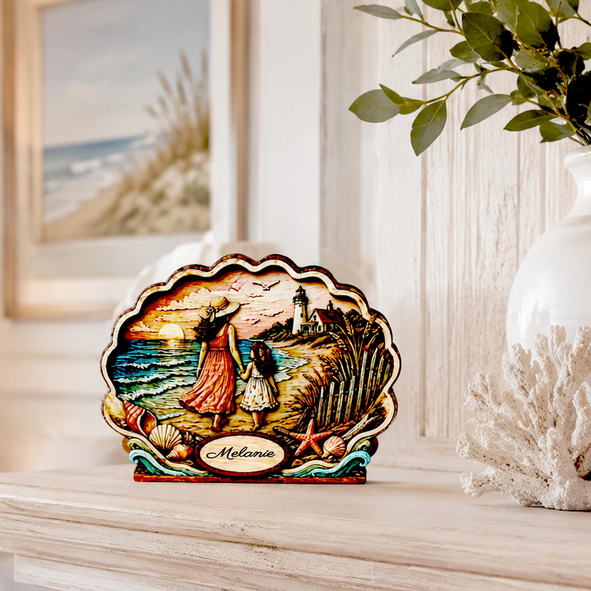 Personalized Mother Daughter Beach Shelf Sitter, Coastal Ocean Scene Decor, Seashell Tabletop Keepsake Gift for Mom or Daughter