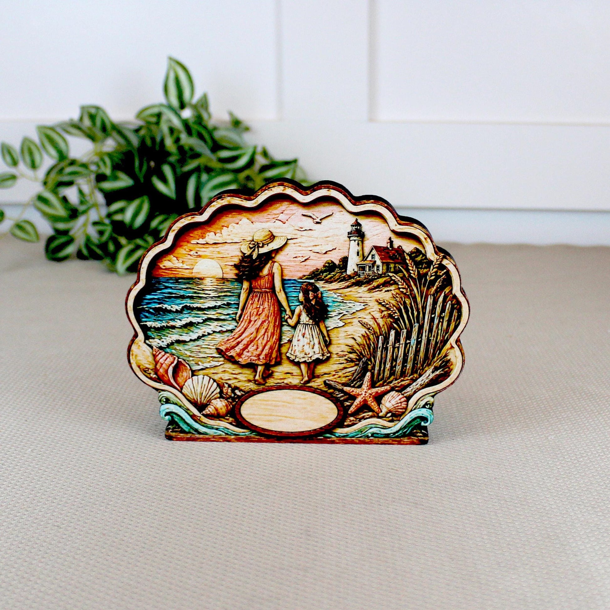 Personalized Mother Daughter Beach Shelf Sitter, Coastal Ocean Scene Decor, Seashell Tabletop Keepsake Gift for Mom or Daughter