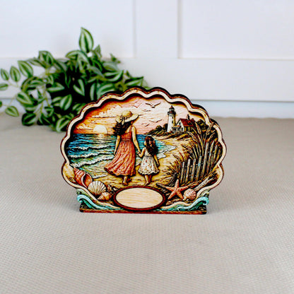 Personalized Mother Daughter Beach Shelf Sitter, Coastal Ocean Scene Decor, Seashell Tabletop Keepsake Gift for Mom or Daughter