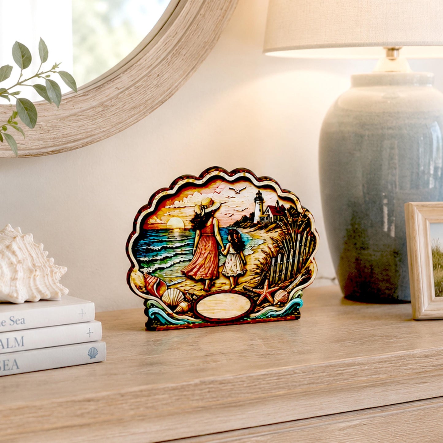 Personalized Mother Daughter Beach Shelf Sitter, Coastal Ocean Scene Decor, Seashell Tabletop Keepsake Gift for Mom or Daughter
