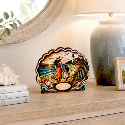 Personalized Mother Daughter Beach Shelf Sitter, Coastal Ocean Scene Decor, Seashell Tabletop Keepsake Gift for Mom or Daughter
