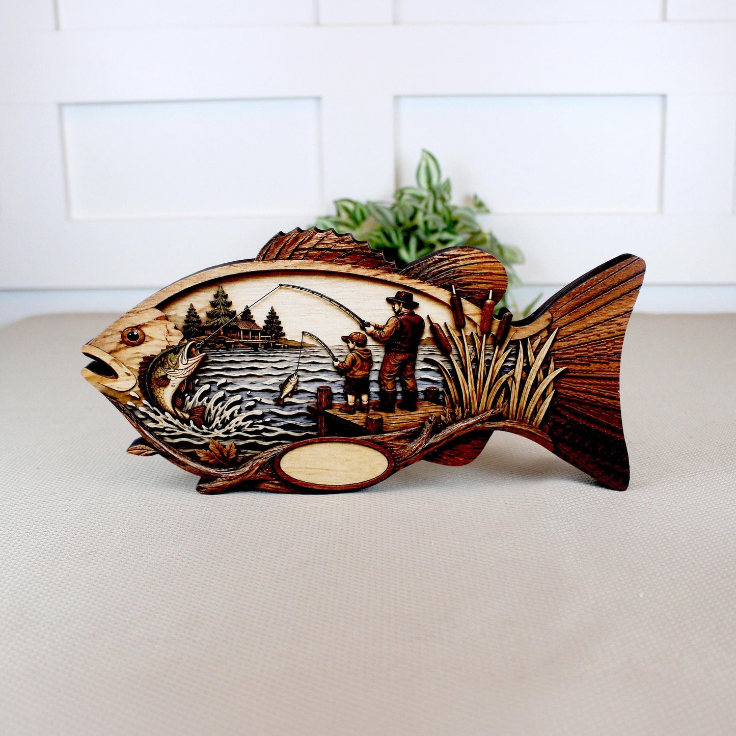 Father Son Fishing Keepsake Shelf Sitter, Wooden Fish Decor with Personalization, Fishing Memory Gift, Father's Day Keepsake, Cabin Decor