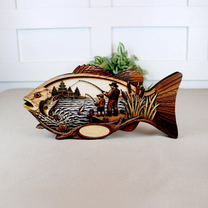 Father Son Fishing Keepsake Shelf Sitter, Wooden Fish Decor with Personalization, Fishing Memory Gift, Father's Day Keepsake, Cabin Decor
