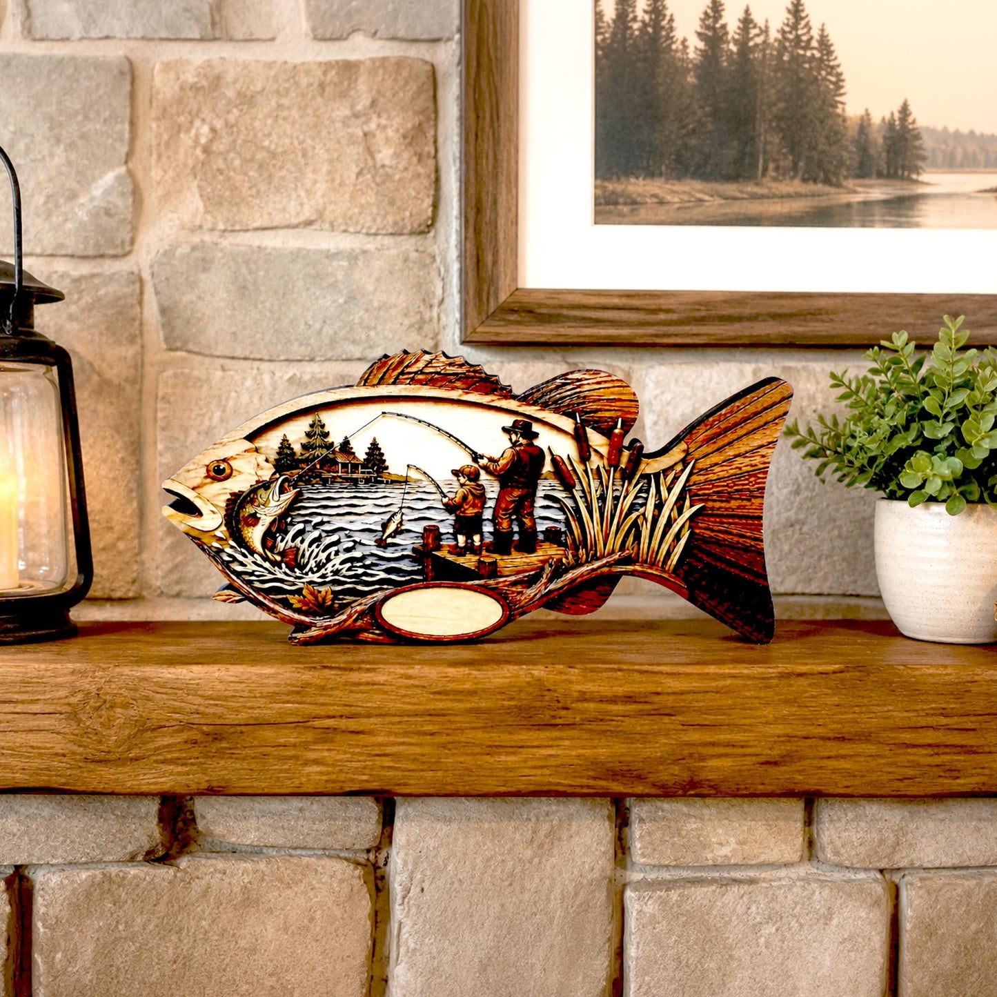 Father Son Fishing Keepsake Shelf Sitter, Wooden Fish Decor with Personalization, Fishing Memory Gift, Father's Day Keepsake, Cabin Decor