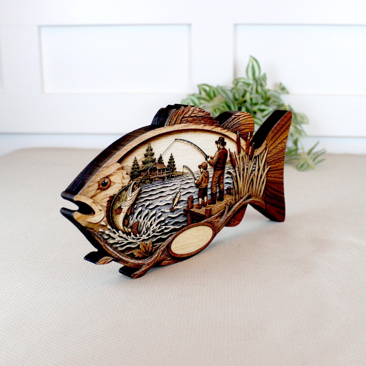 Father Son Fishing Keepsake Shelf Sitter, Wooden Fish Decor with Personalization, Fishing Memory Gift, Father's Day Keepsake, Cabin Decor