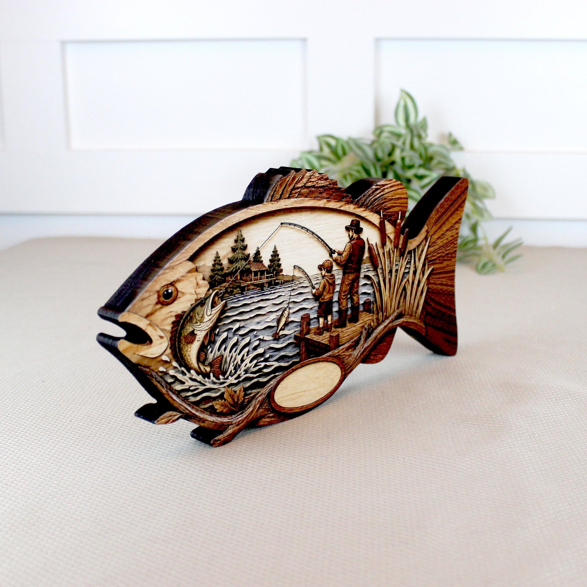 Father Son Fishing Keepsake Shelf Sitter, Wooden Fish Decor with Personalization, Fishing Memory Gift, Father's Day Keepsake, Cabin Decor