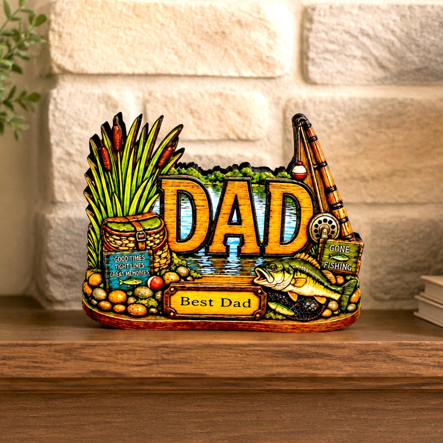 Personalized Bass Dad Fishing Shelf Sitter, Fathers Day Gift for Fisherman Angler, Rustic Hand Cut Poplar Tiered Tray Decor, Lake House Sign