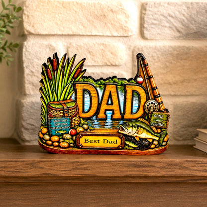 Personalized Bass Dad Fishing Shelf Sitter, Fathers Day Gift for Fisherman Angler, Rustic Hand Cut Poplar Tiered Tray Decor, Lake House Sign