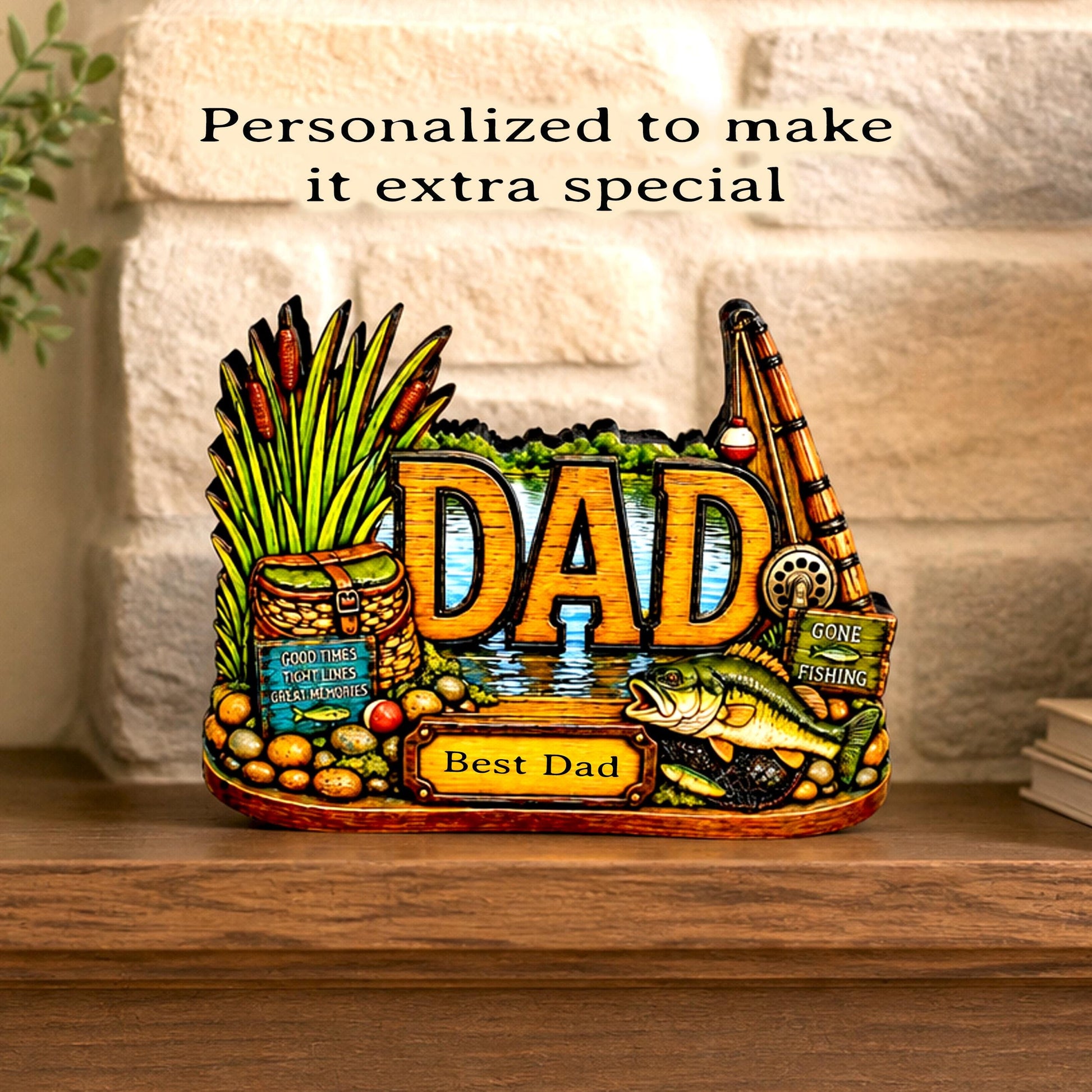Personalized Bass Dad Fishing Shelf Sitter, Fathers Day Gift for Fisherman Angler, Rustic Hand Cut Poplar Tiered Tray Decor, Lake House Sign