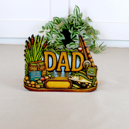 Personalized Bass Dad Fishing Shelf Sitter, Fathers Day Gift for Fisherman Angler, Rustic Hand Cut Poplar Tiered Tray Decor, Lake House Sign