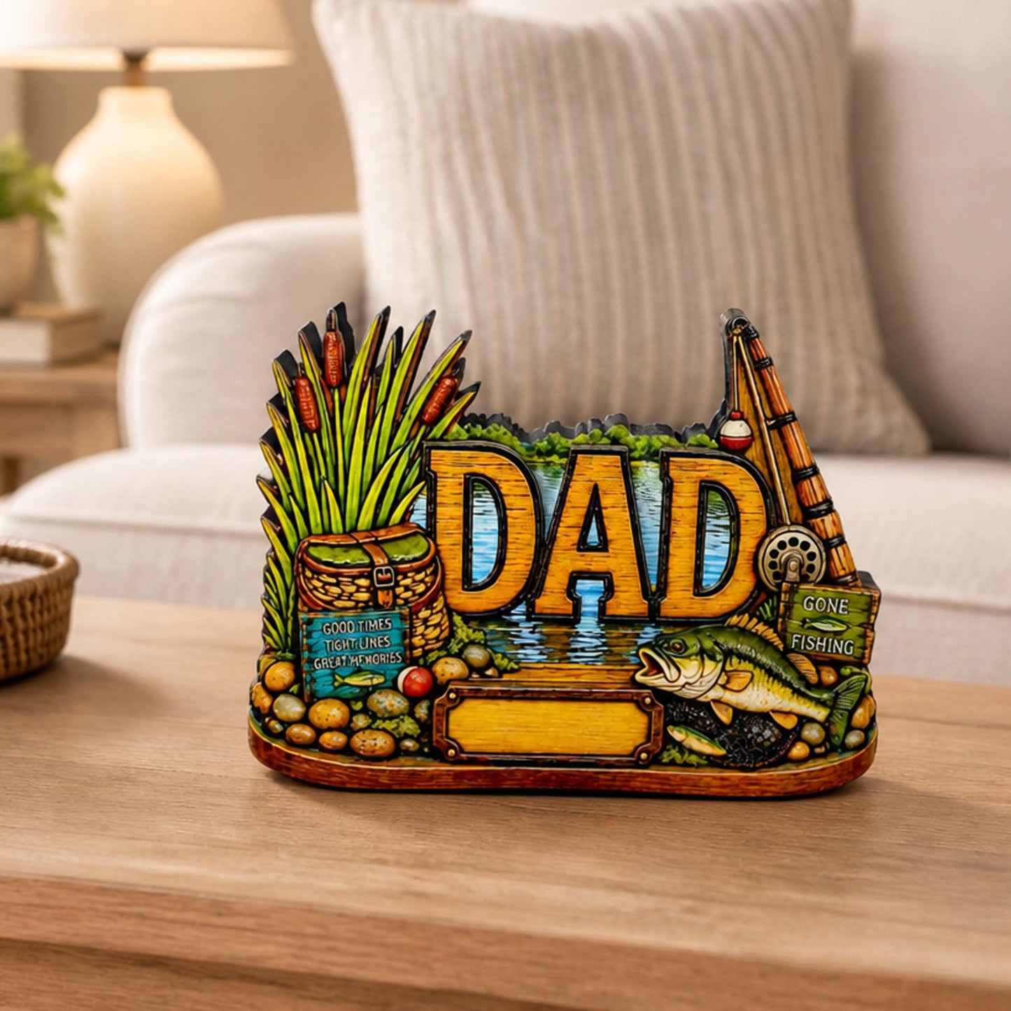 Personalized Bass Dad Fishing Shelf Sitter, Fathers Day Gift for Fisherman Angler, Rustic Hand Cut Poplar Tiered Tray Decor, Lake House Sign