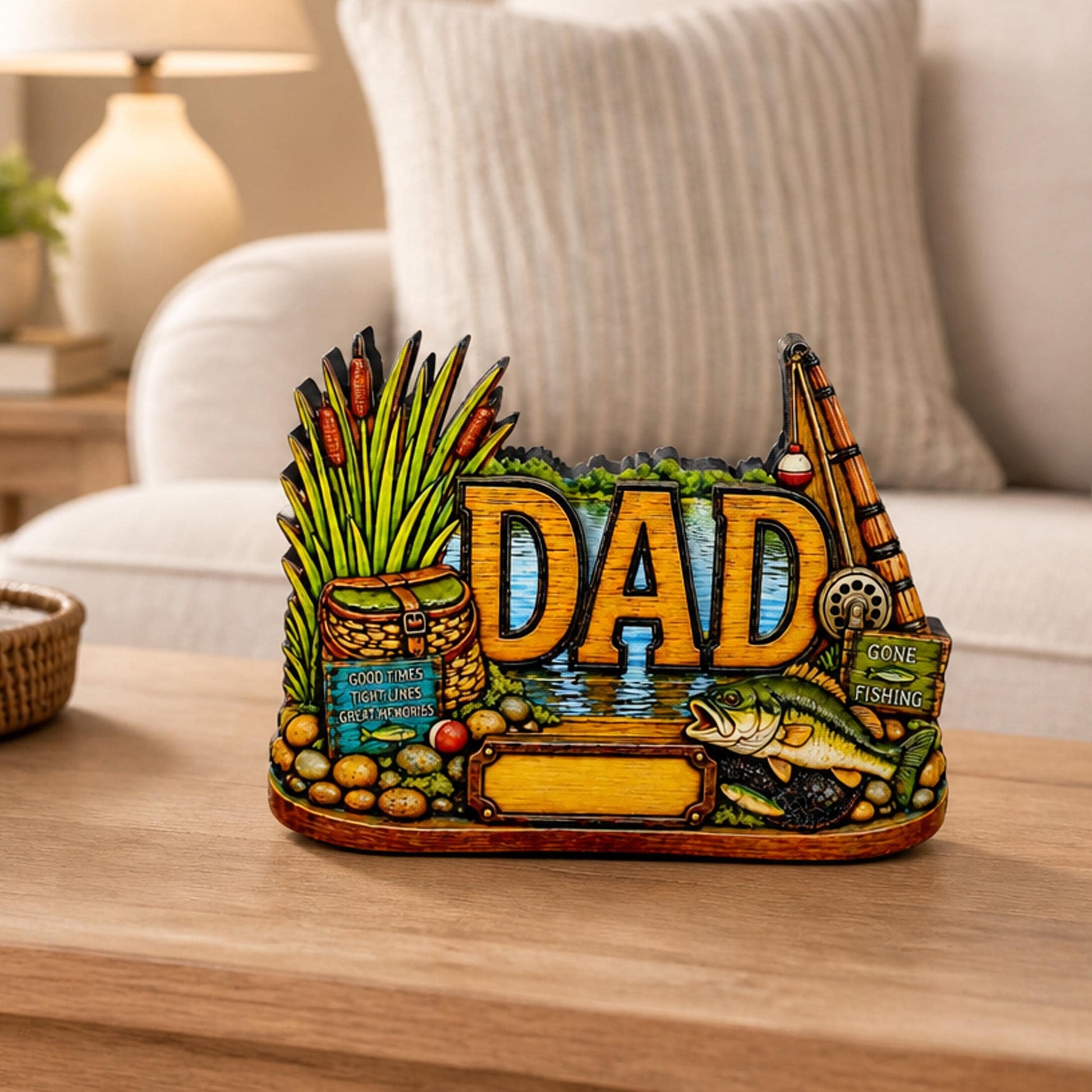 Personalized Bass Dad Fishing Shelf Sitter, Fathers Day Gift for Fisherman Angler, Rustic Hand Cut Poplar Tiered Tray Decor, Lake House Sign