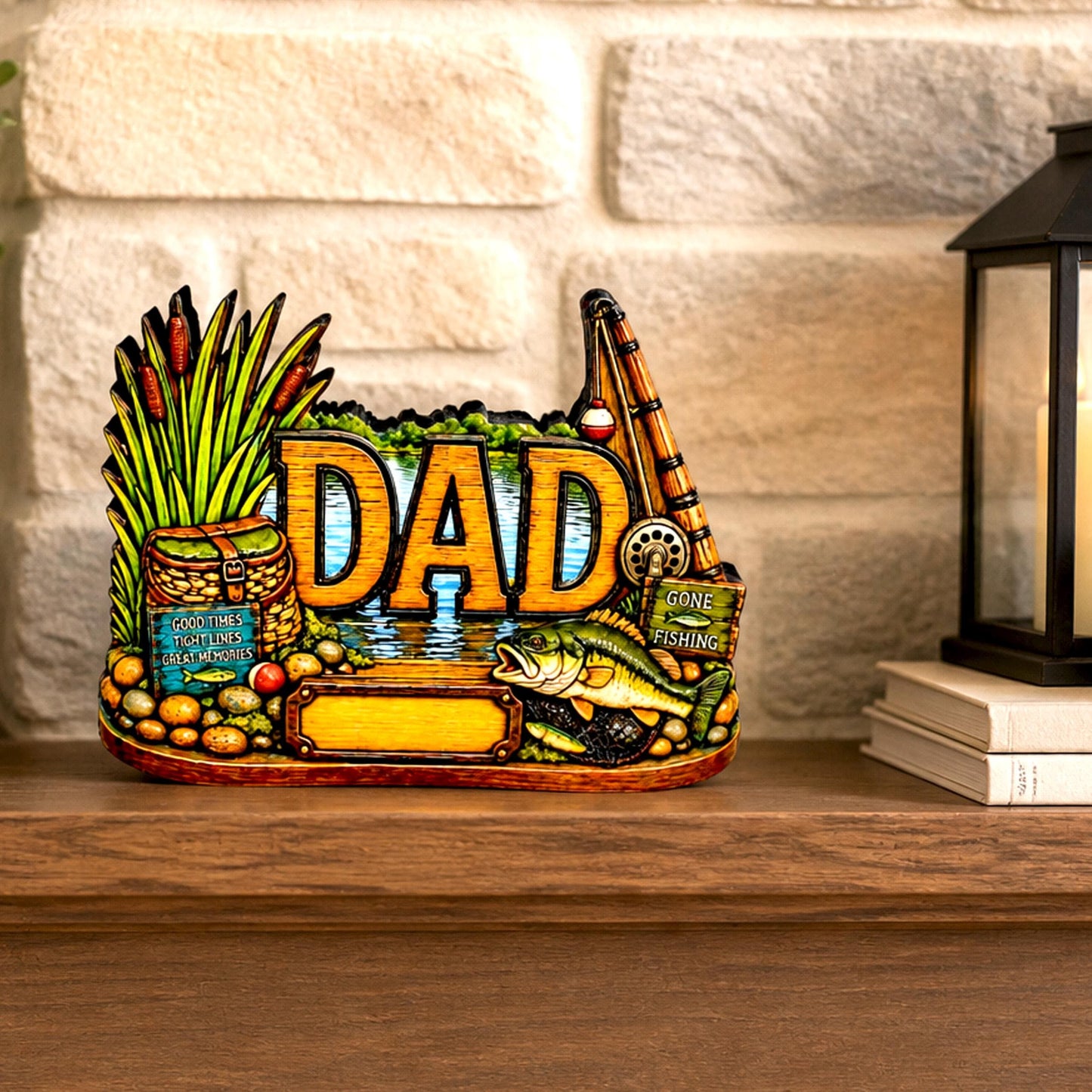 Personalized Bass Dad Fishing Shelf Sitter, Fathers Day Gift for Fisherman Angler, Rustic Hand Cut Poplar Tiered Tray Decor, Lake House Sign