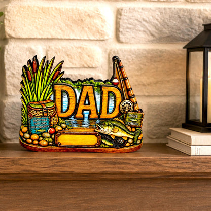 Personalized Bass Dad Fishing Shelf Sitter, Fathers Day Gift for Fisherman Angler, Rustic Hand Cut Poplar Tiered Tray Decor, Lake House Sign