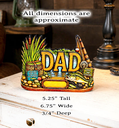 Personalized Bass Dad Fishing Shelf Sitter, Fathers Day Gift for Fisherman Angler, Rustic Hand Cut Poplar Tiered Tray Decor, Lake House Sign