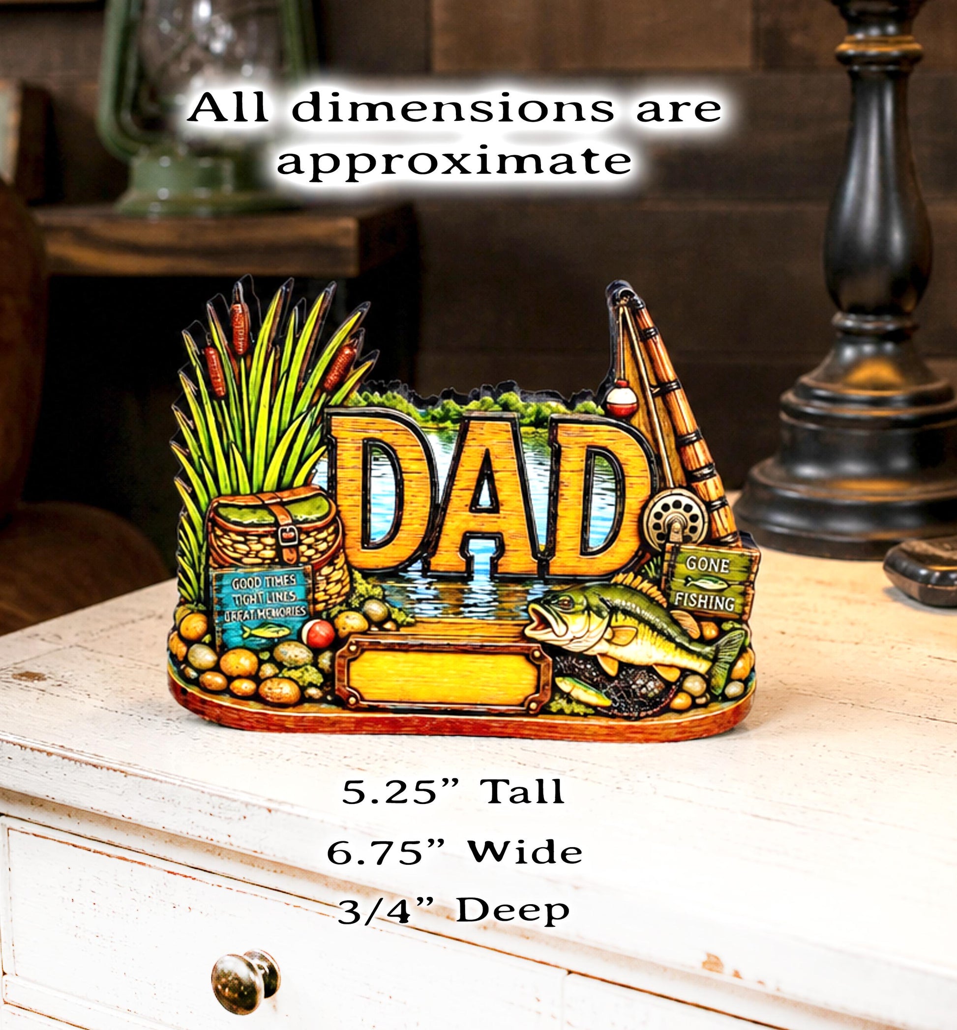 Personalized Bass Dad Fishing Shelf Sitter, Fathers Day Gift for Fisherman Angler, Rustic Hand Cut Poplar Tiered Tray Decor, Lake House Sign