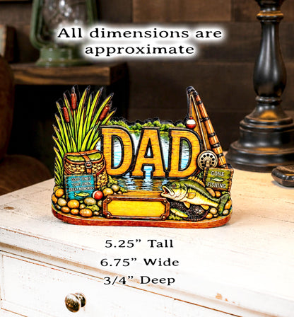 Personalized Bass Dad Fishing Shelf Sitter, Fathers Day Gift for Fisherman Angler, Rustic Hand Cut Poplar Tiered Tray Decor, Lake House Sign