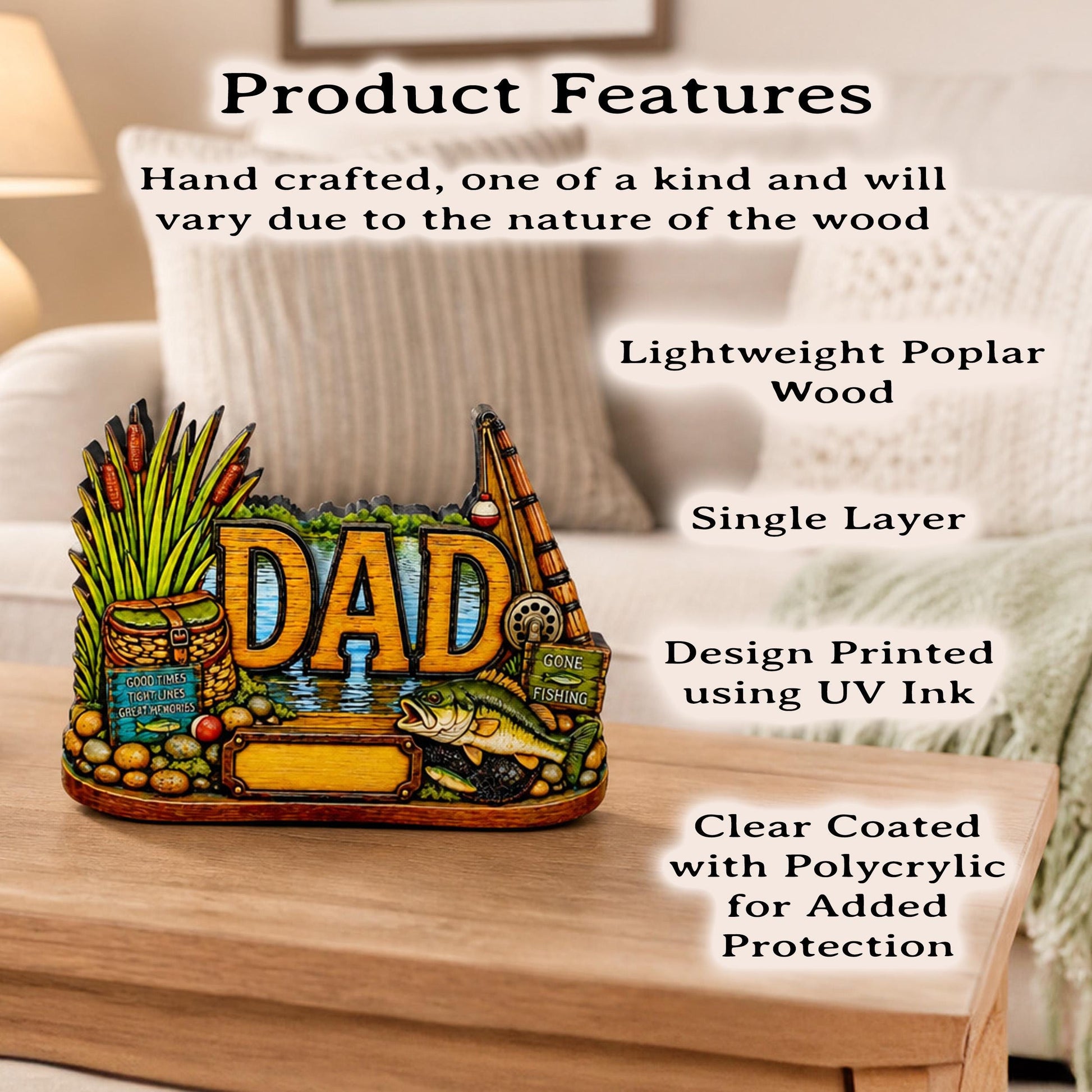 Personalized Bass Dad Fishing Shelf Sitter, Fathers Day Gift for Fisherman Angler, Rustic Hand Cut Poplar Tiered Tray Decor, Lake House Sign