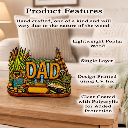 Personalized Bass Dad Fishing Shelf Sitter, Fathers Day Gift for Fisherman Angler, Rustic Hand Cut Poplar Tiered Tray Decor, Lake House Sign