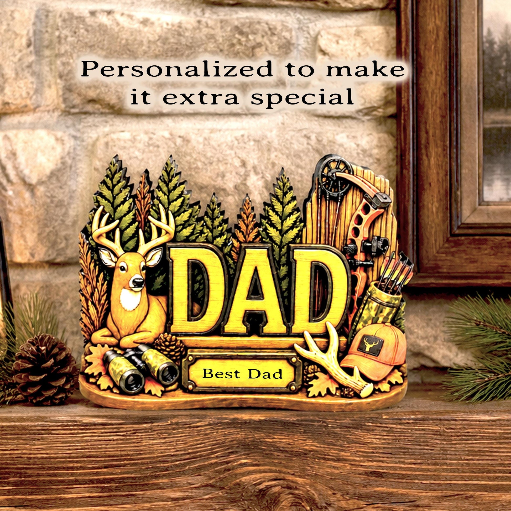 Hunting Dad Shelf Sitter, Personalized Fathers Day Gift, Layered Wood Deer Tabletop Decor, Buck Hunter Birthday Keepsake, Mantle Tray Sign