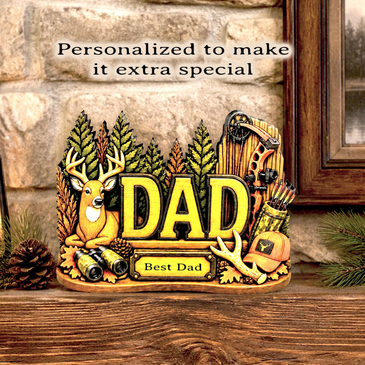Hunting Dad Shelf Sitter, Personalized Fathers Day Gift, Layered Wood Deer Tabletop Decor, Buck Hunter Birthday Keepsake, Mantle Tray Sign