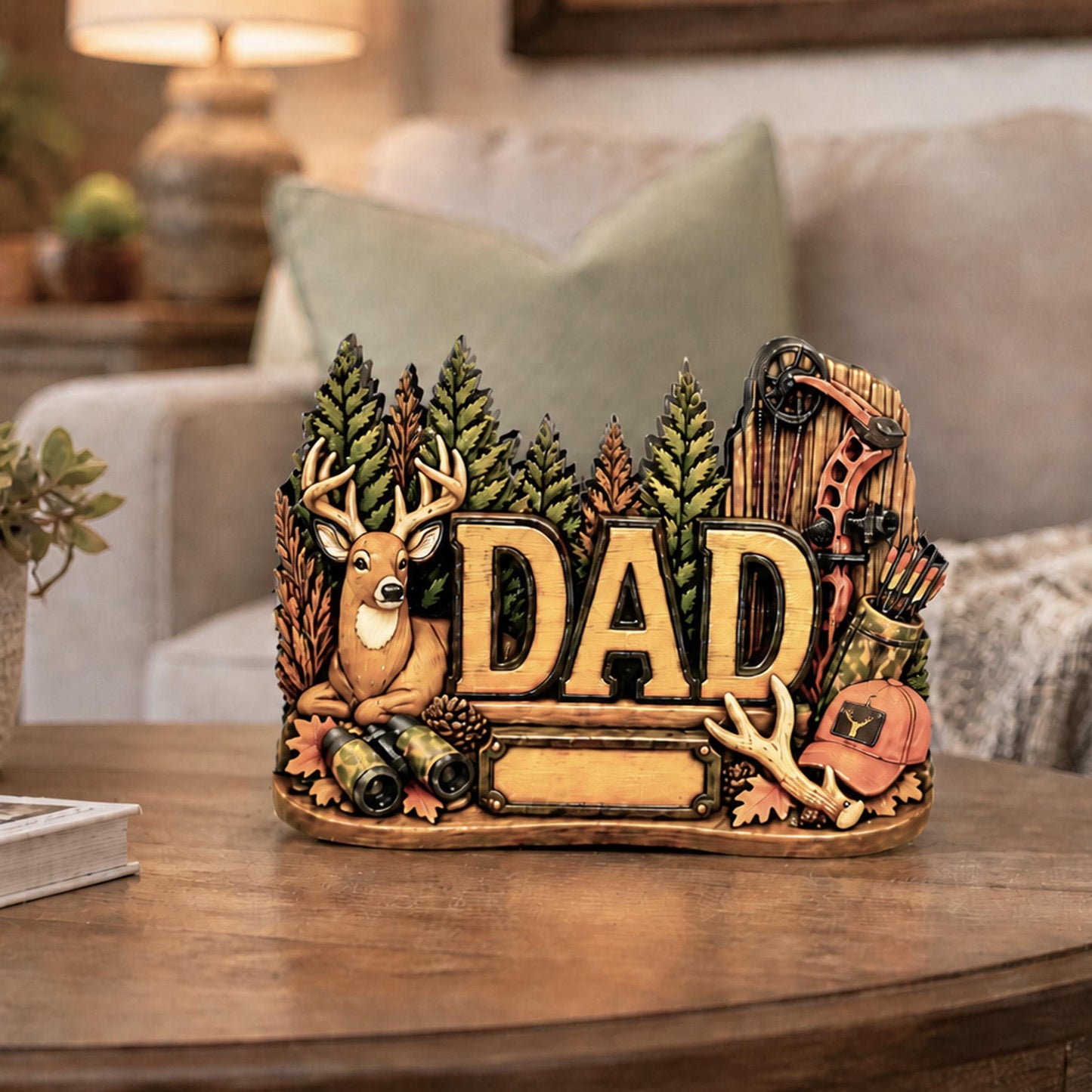 Hunting Dad Shelf Sitter, Personalized Fathers Day Gift, Layered Wood Deer Tabletop Decor, Buck Hunter Birthday Keepsake, Mantle Tray Sign