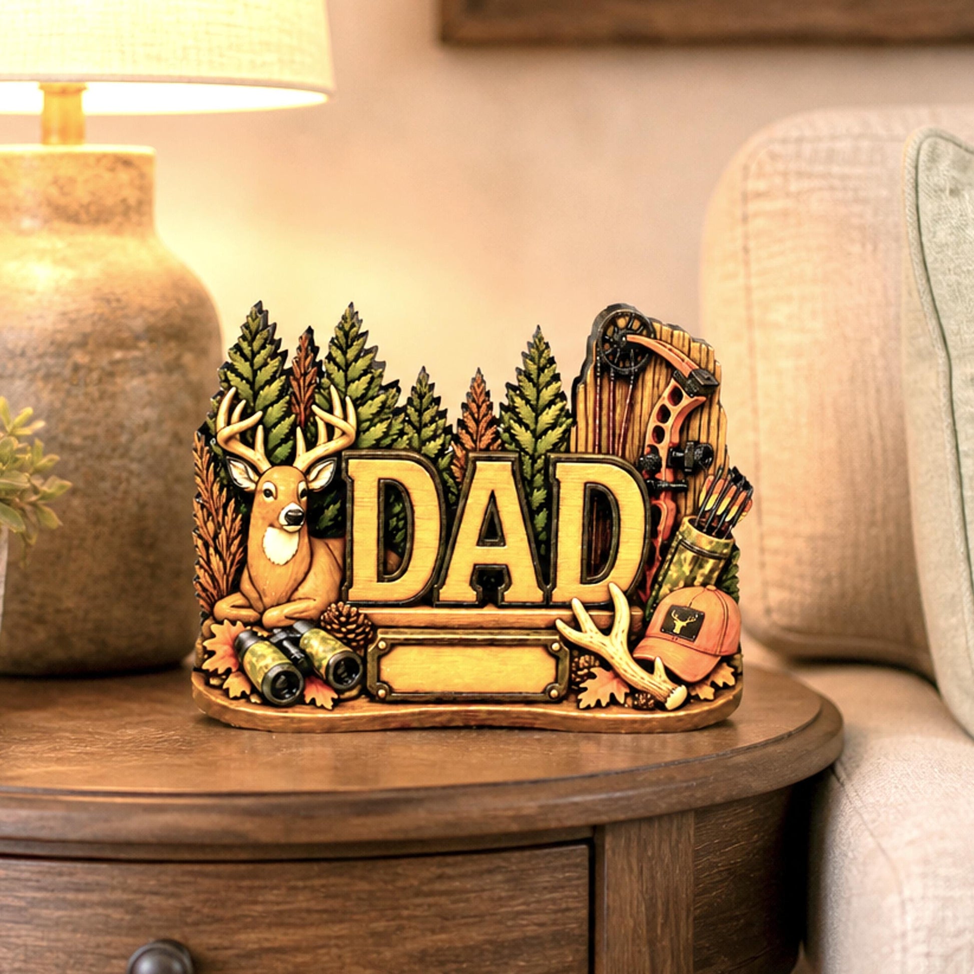 Hunting Dad Shelf Sitter, Personalized Fathers Day Gift, Layered Wood Deer Tabletop Decor, Buck Hunter Birthday Keepsake, Mantle Tray Sign