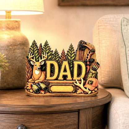 Hunting Dad Shelf Sitter, Personalized Fathers Day Gift, Layered Wood Deer Tabletop Decor, Buck Hunter Birthday Keepsake, Mantle Tray Sign